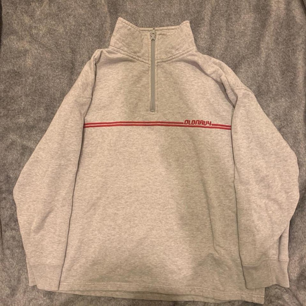 Old Navy Gray Zip Up Sweater with Red Accent